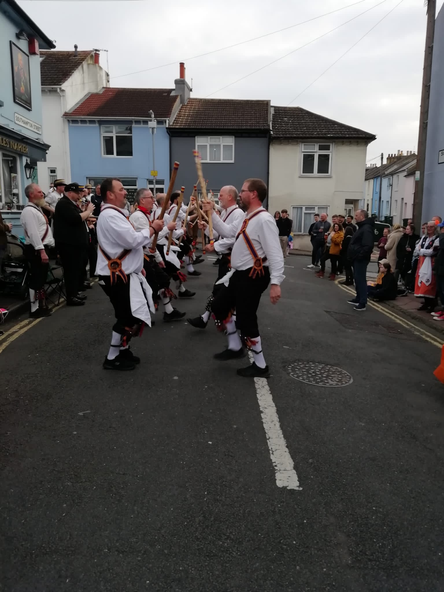 Two sides up for a Bledington stick dance. The Sir Charles Napier, 30th April May Eve.
