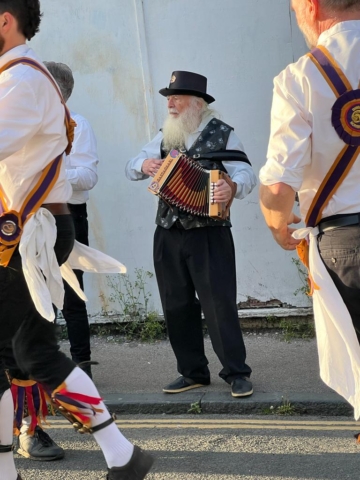 Yogi, a venerable and bearded Morris musician plays for us during the North Laine Tour on 11th May.
