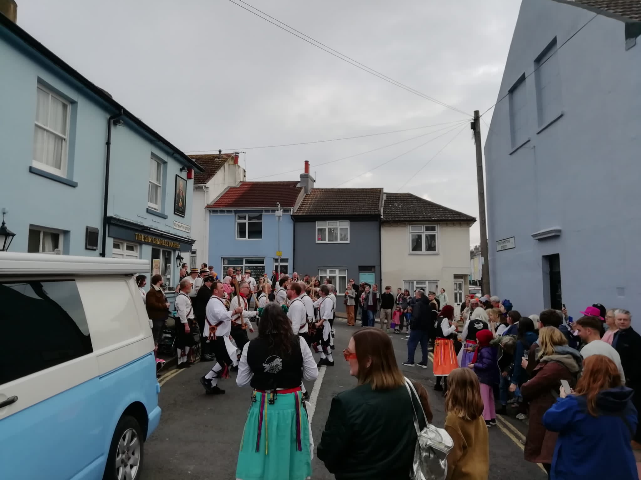 Two sides up for a Bledington stick dance. The Sir Charles Napier, 30th April May Eve.